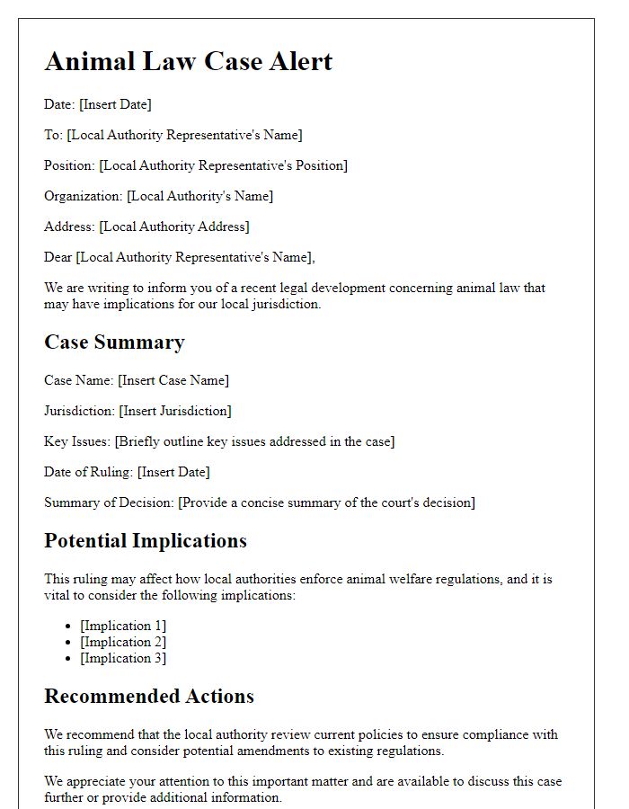 Letter template of Animal Law Case Alert for Local Authorities