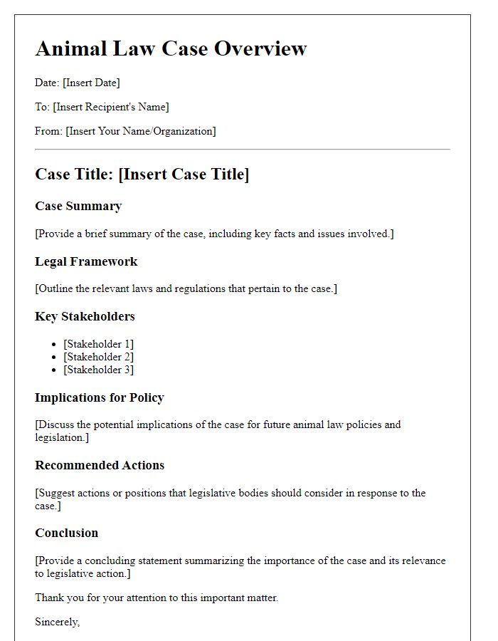 Letter template of Animal Law Case Overview for Legislative Bodies