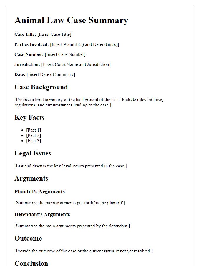 Letter template of Animal Law Case Summary for Legal Representatives