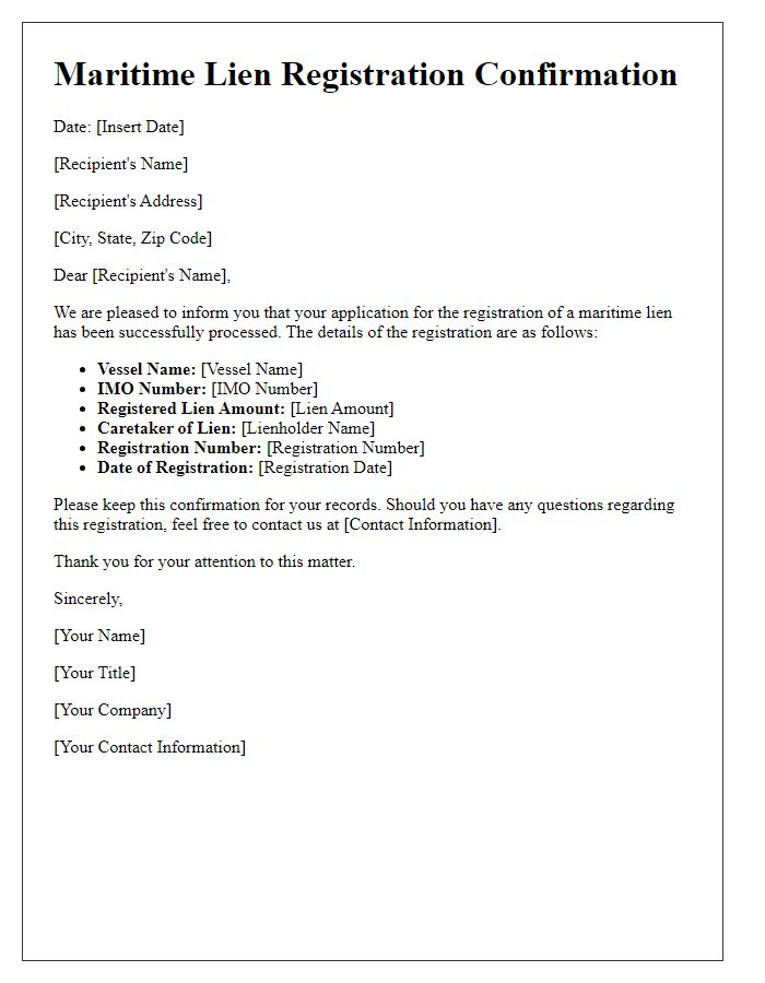 Letter template of Maritime Lien Registration Confirmation