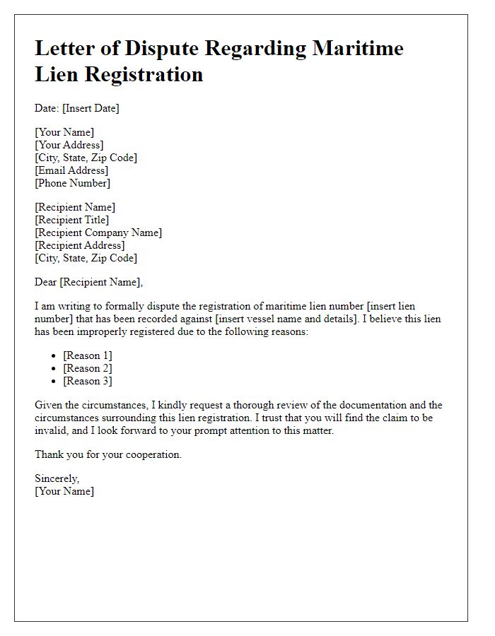 Letter template of Maritime Lien Registration Dispute