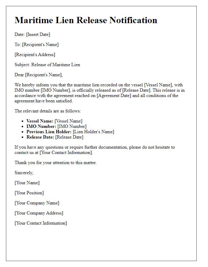 Letter template of Maritime Lien Release Notification