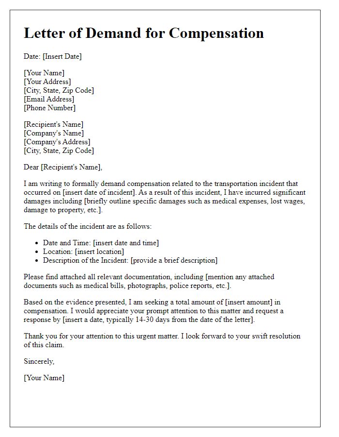 Letter template of demand for compensation related to transportation law incident