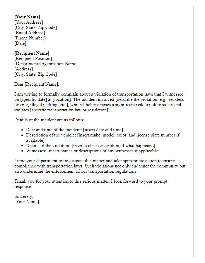 Letter template of formal complaint regarding transportation law violation