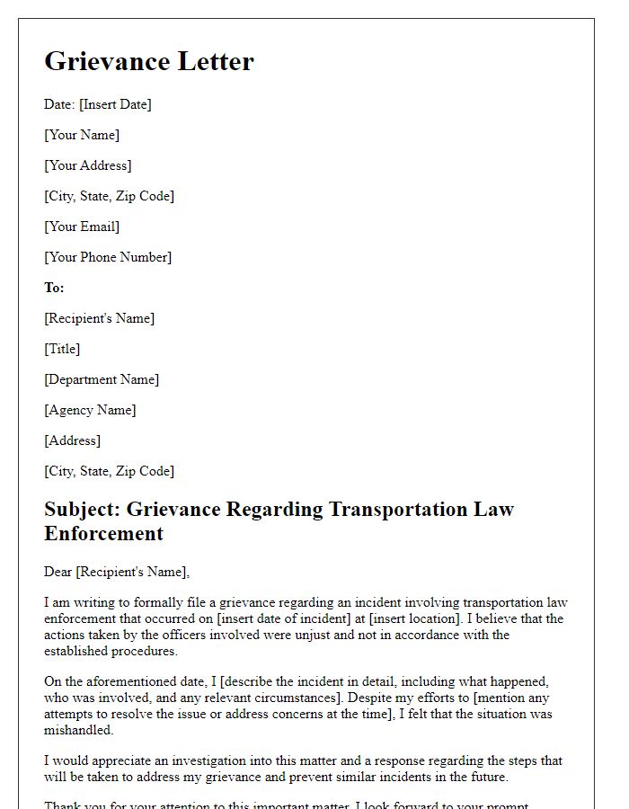 Letter template of grievance related to transportation law enforcement