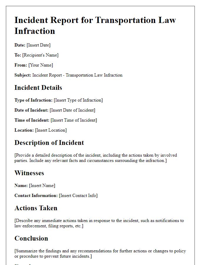 Letter template of incident report for transportation law infraction