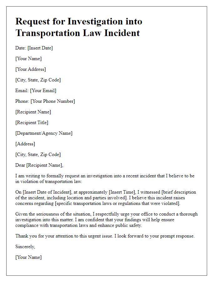 Letter template of request for investigation into transportation law incident