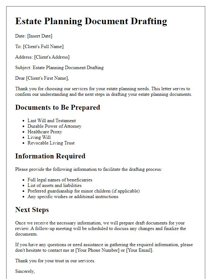 Letter template of estate planning document drafting