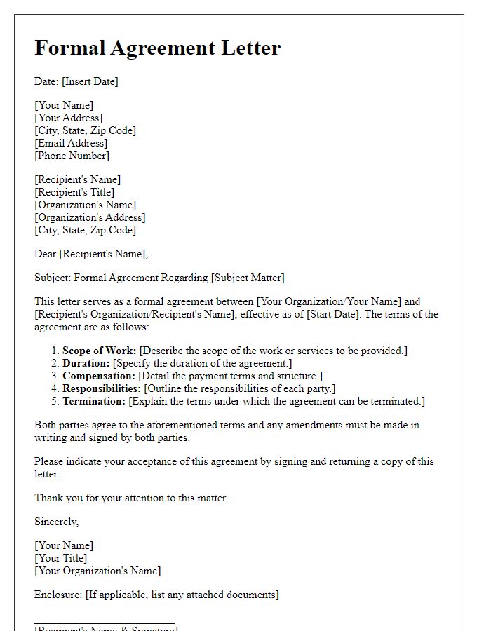 Letter template of formal agreement drafting