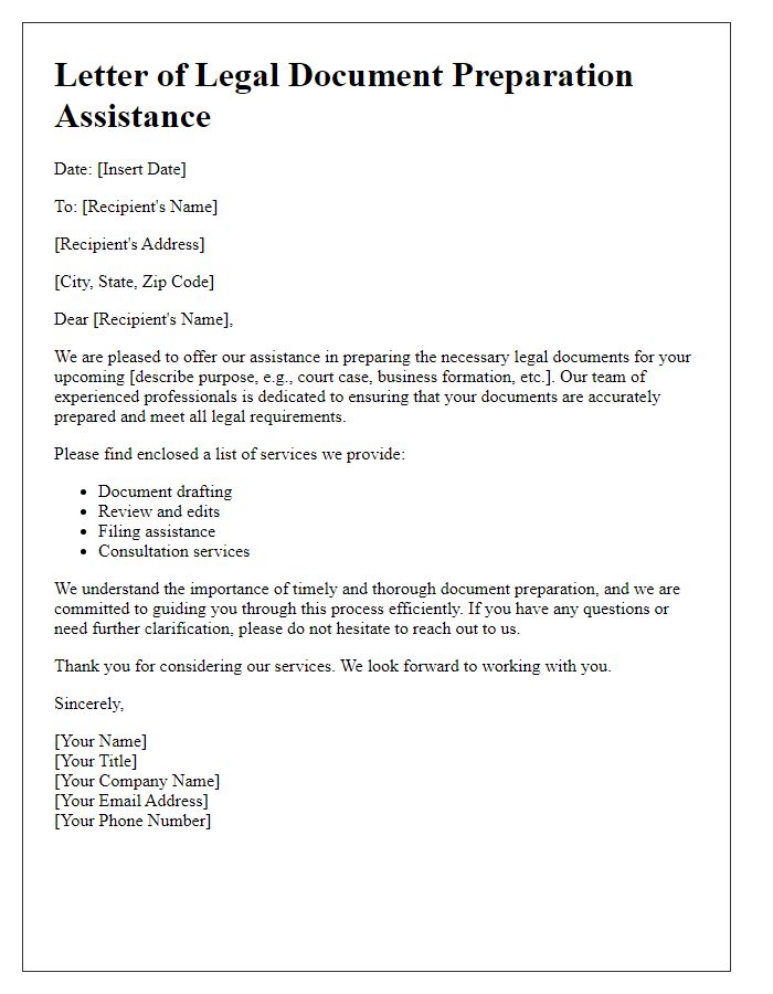 Letter template of legal document preparation assistance