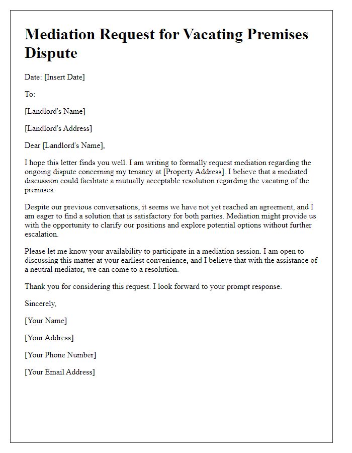 Letter template of mediation request for vacating premises dispute