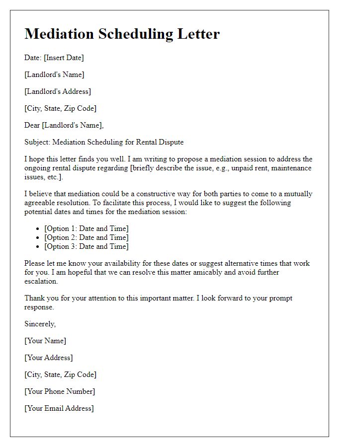 Letter template of mediation scheduling for rental disputes