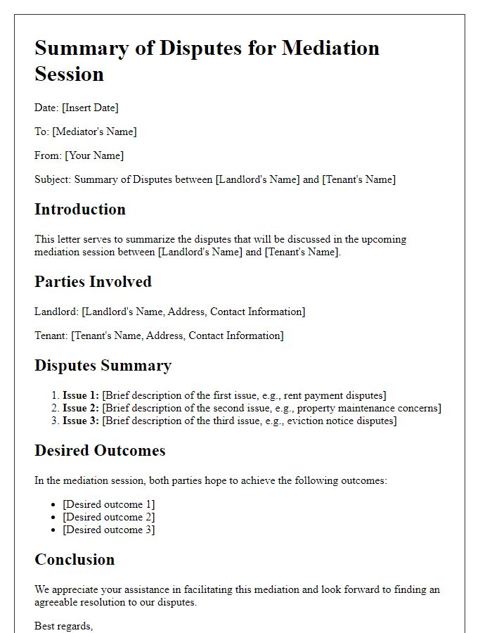 Letter template of summary of disputes for landlord-tenant mediation session