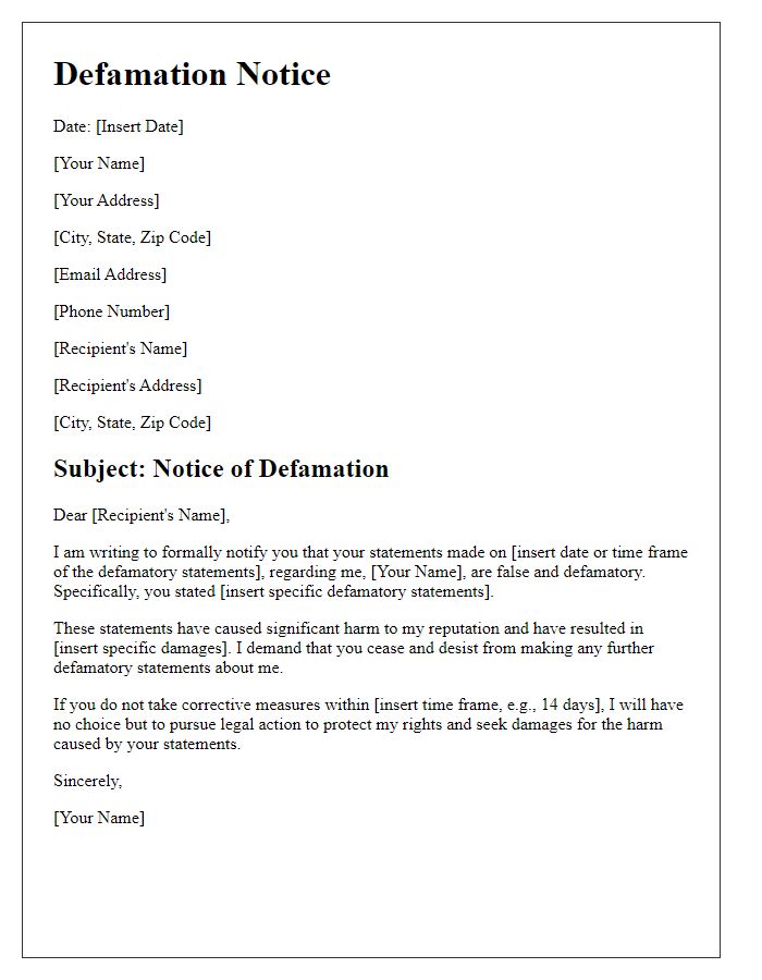 Letter template of defamation notice to the accused party