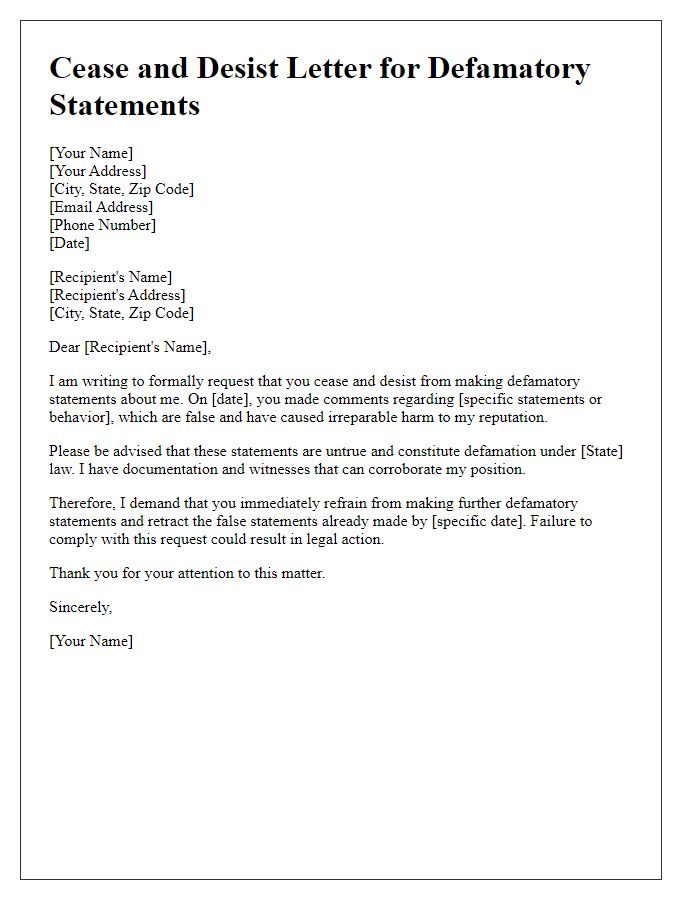 Letter template of formal cease and desist for defamatory statements