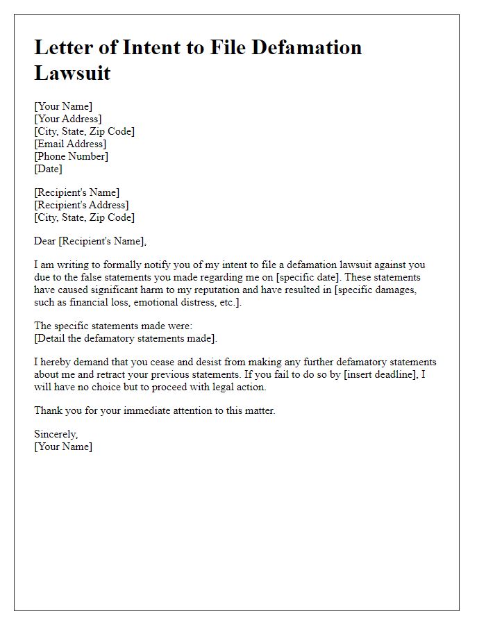 Letter template of intent to file defamation lawsuit