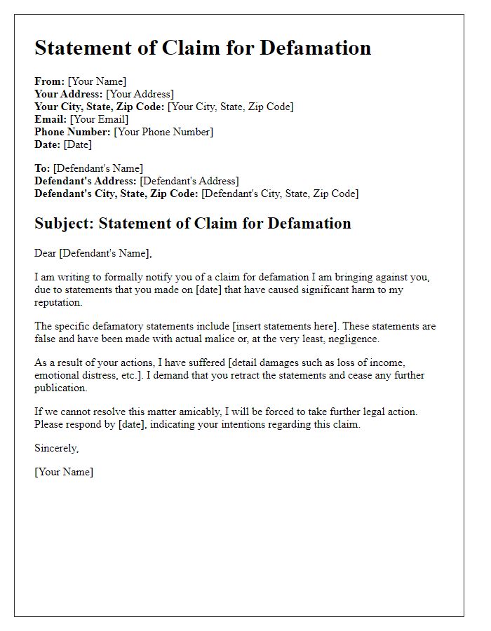 Letter template of statement of claim for defamation