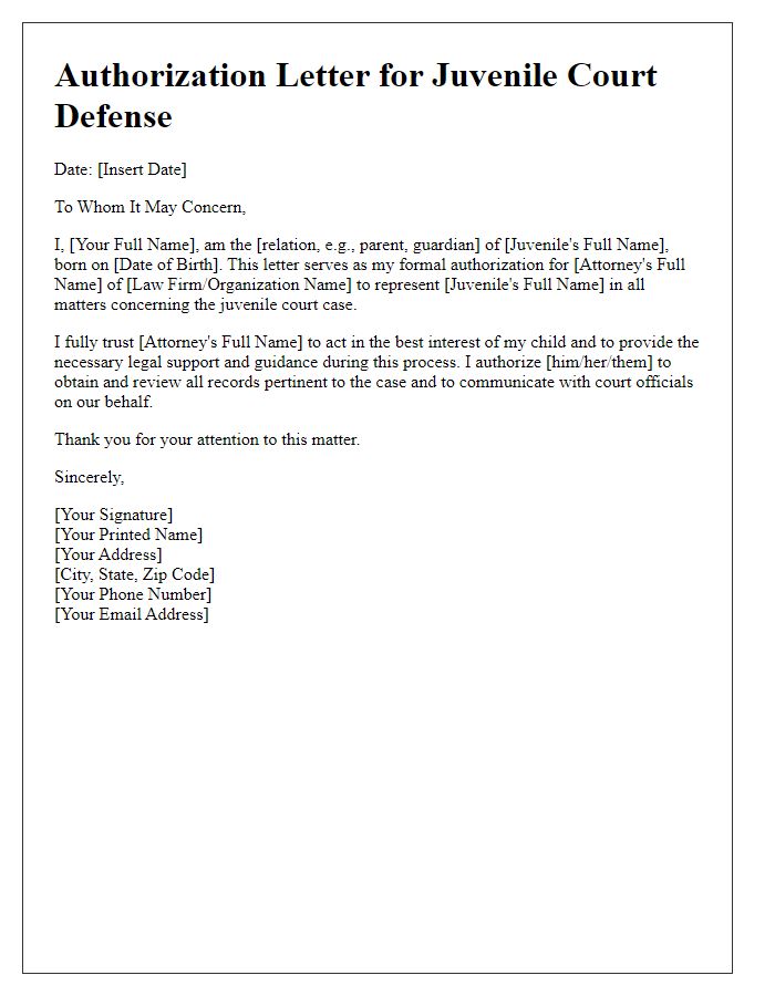 Letter template of authorization for juvenile court defense