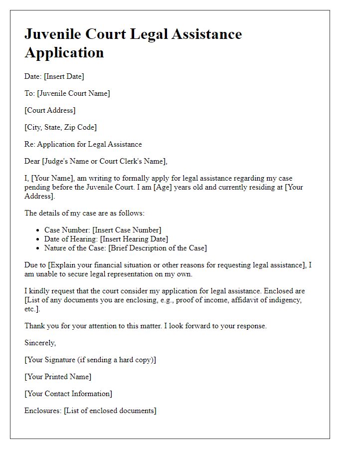 Letter template of juvenile court legal assistance application