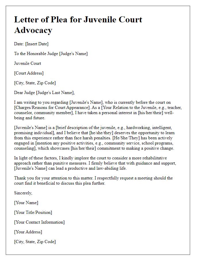 Letter template of plea for juvenile court advocacy