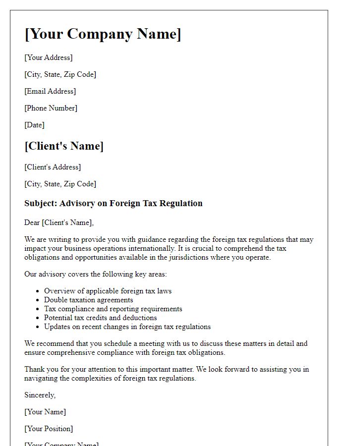 Letter template of foreign tax regulation advisory