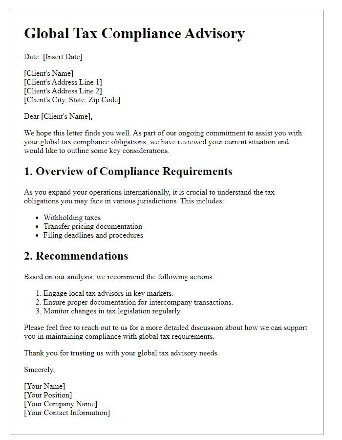 Letter template of global tax compliance advisory