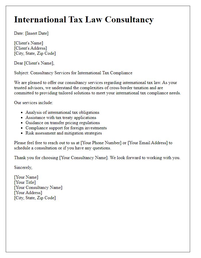 Letter template of international tax law consultancy