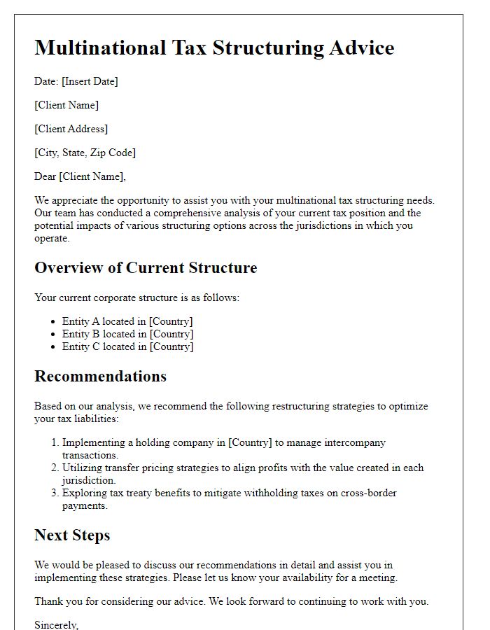 Letter template of multinational tax structuring advice