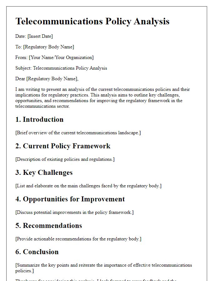 Letter template of telecommunications policy analysis for regulatory bodies