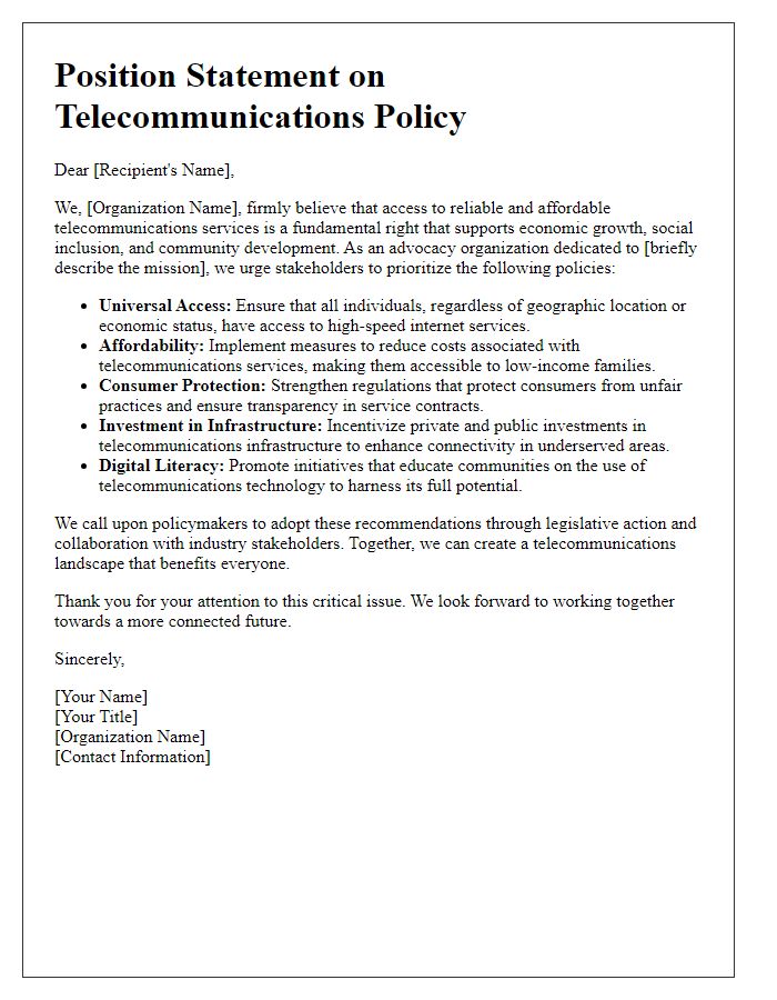 Letter template of telecommunications policy position statement for advocacy organizations