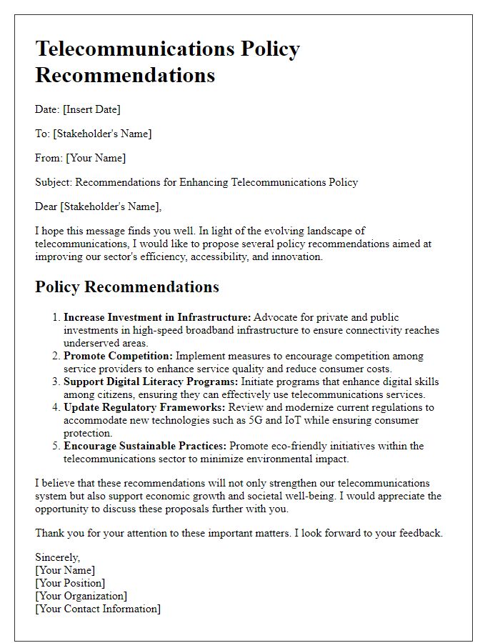 Letter template of telecommunications policy recommendations for stakeholders