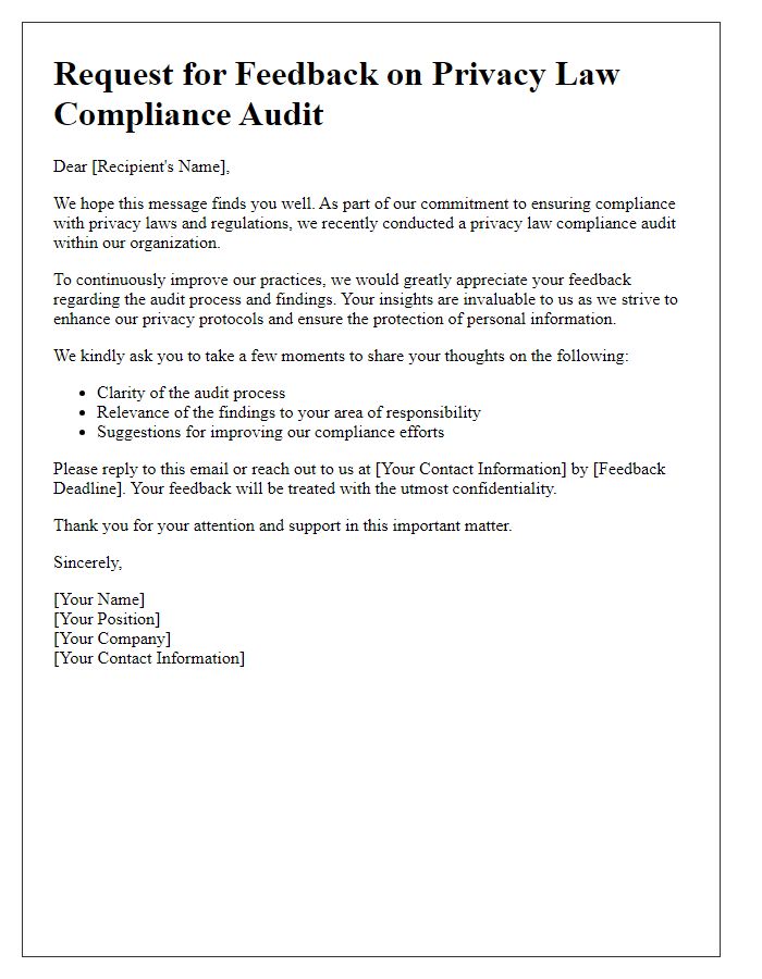 Letter template of privacy law compliance audit feedback solicitation