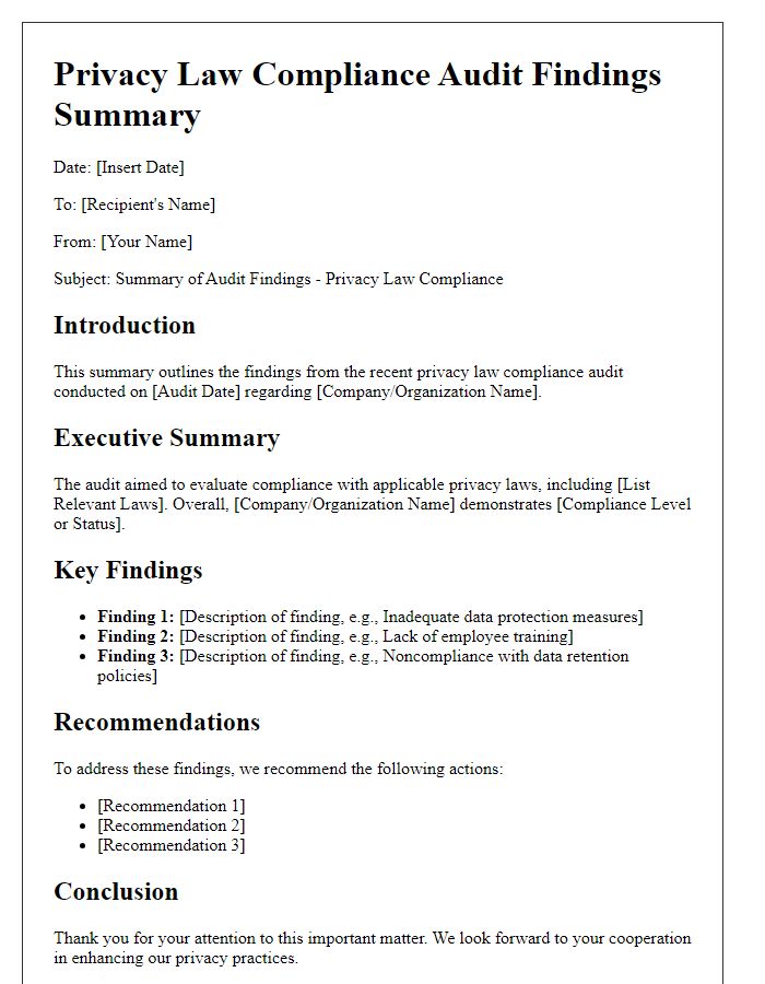 Letter template of privacy law compliance audit findings summary