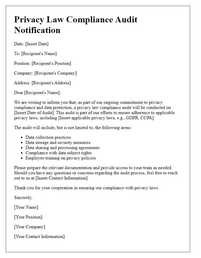 Letter template of privacy law compliance audit notification