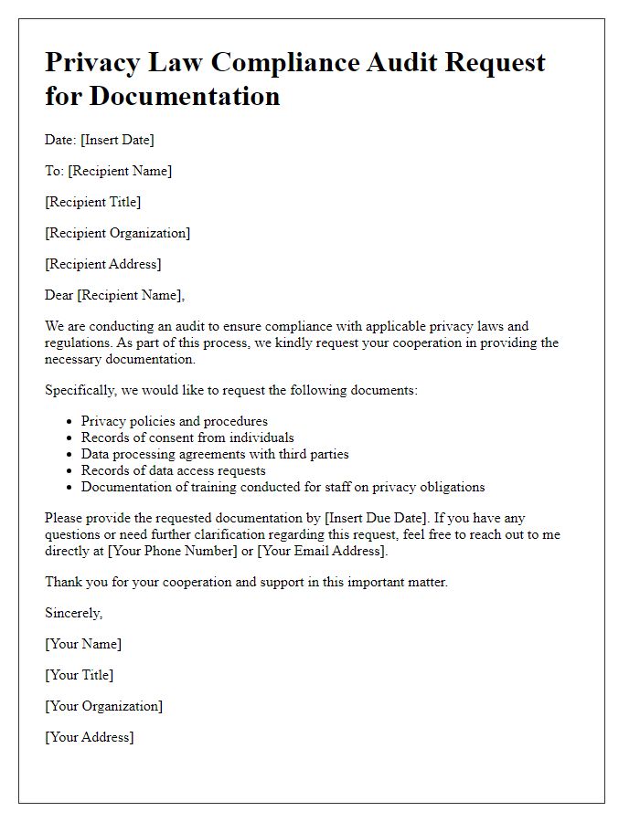 Letter template of privacy law compliance audit request for documentation