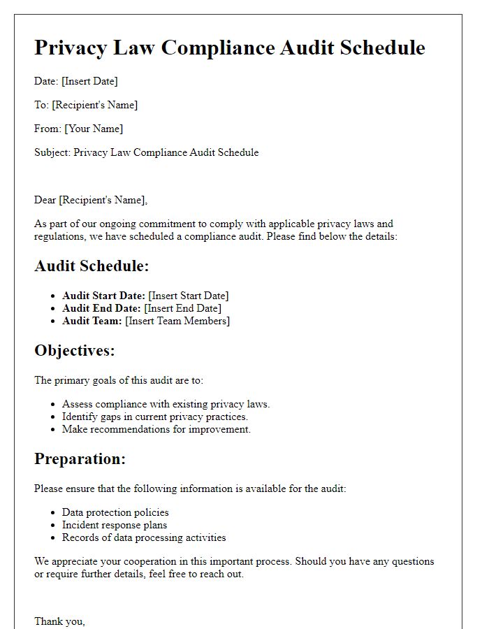 Letter template of privacy law compliance audit schedule