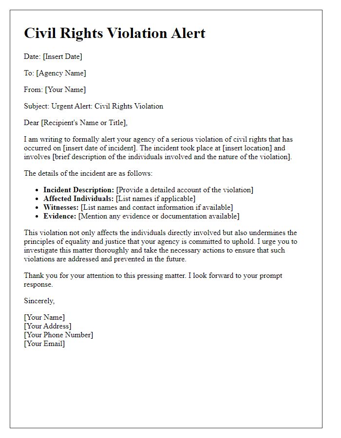 Letter template of civil rights violation alert for government agencies.