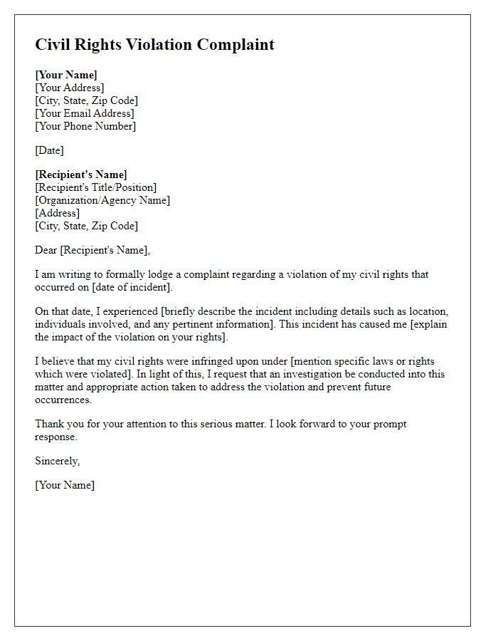 Letter template of civil rights violation complaint for individuals.