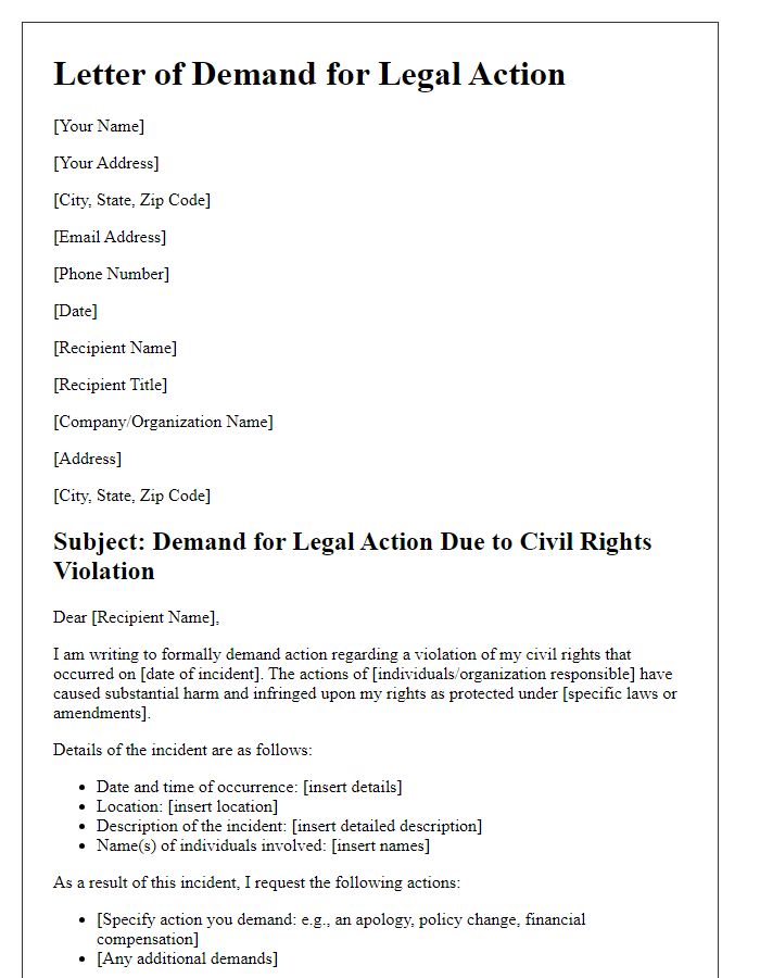 Letter template of civil rights violation demand for legal action.