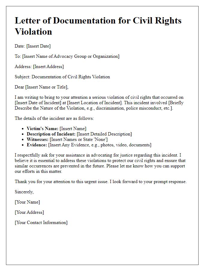 Letter template of civil rights violation documentation for advocacy groups.