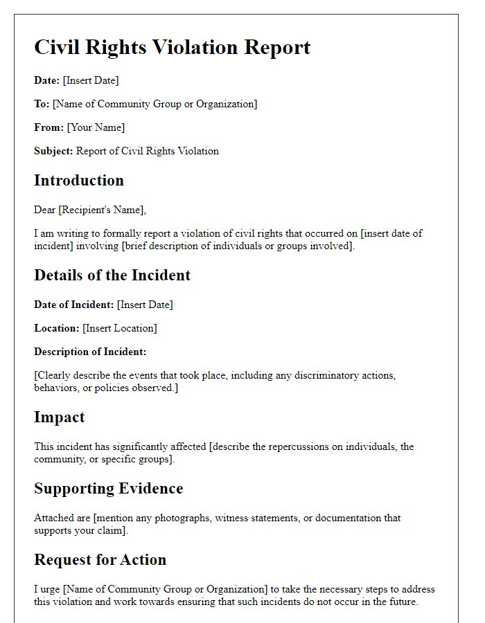 Letter template of civil rights violation report for community groups.