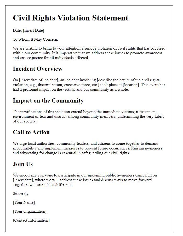 Letter template of civil rights violation statement for public awareness campaigns.