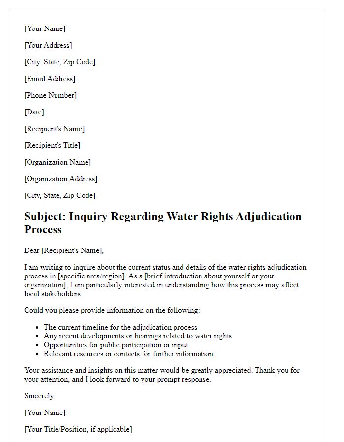 Letter template of inquiry regarding water rights adjudication process.