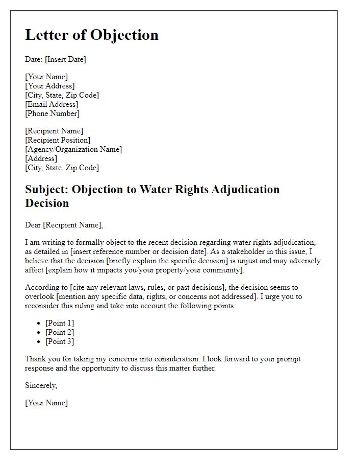 Letter template of objection to water rights adjudication decision.