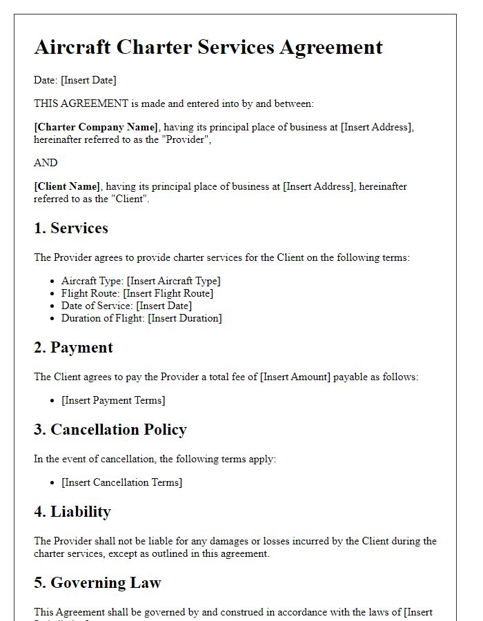 Letter template of aviation law contract for aircraft charter services.