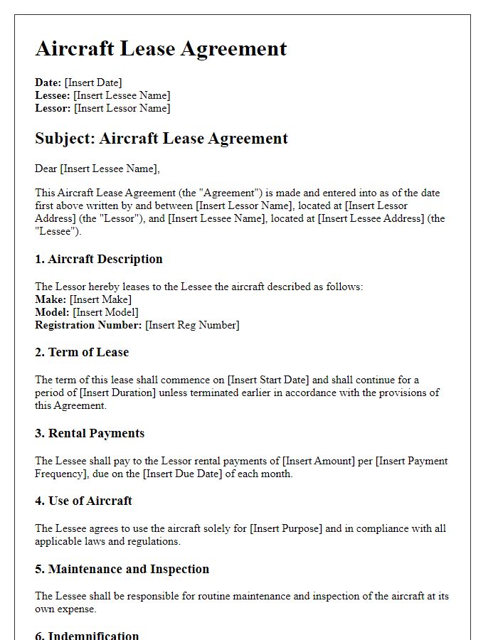 Letter template of aviation law contract for aircraft lease agreements.