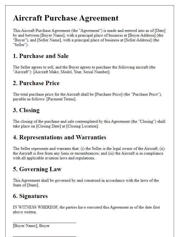 Letter template of aviation law contract for aircraft purchase agreements.