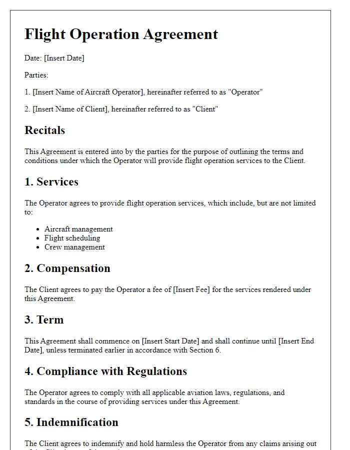 Letter template of aviation law contract for flight operation agreements.