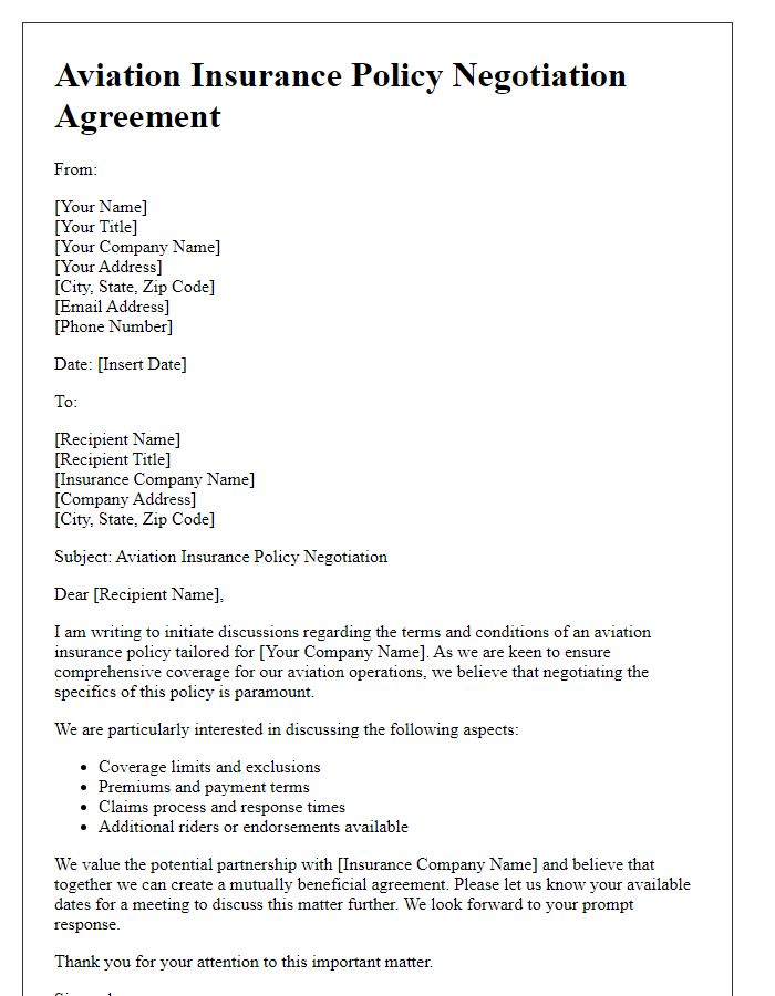 Letter template of aviation law contract for insurance policy negotiations.