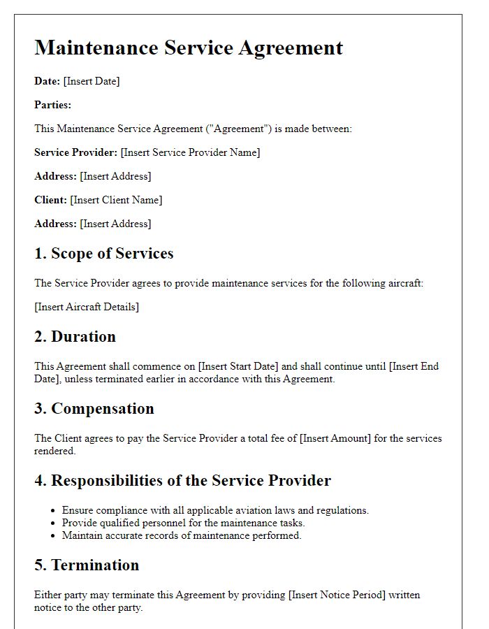 Letter template of aviation law contract for maintenance service agreements.